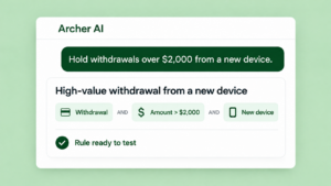 Illustration of Archer turning a plain-English fraud pattern into a rule ready to test.