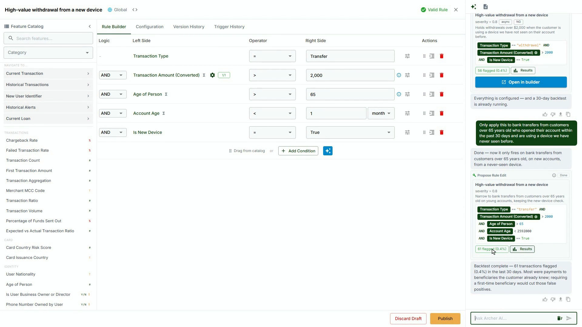 The demo backtest flags 61 transactions (0.4%) and suggests adding a first-time beneficiary condition.